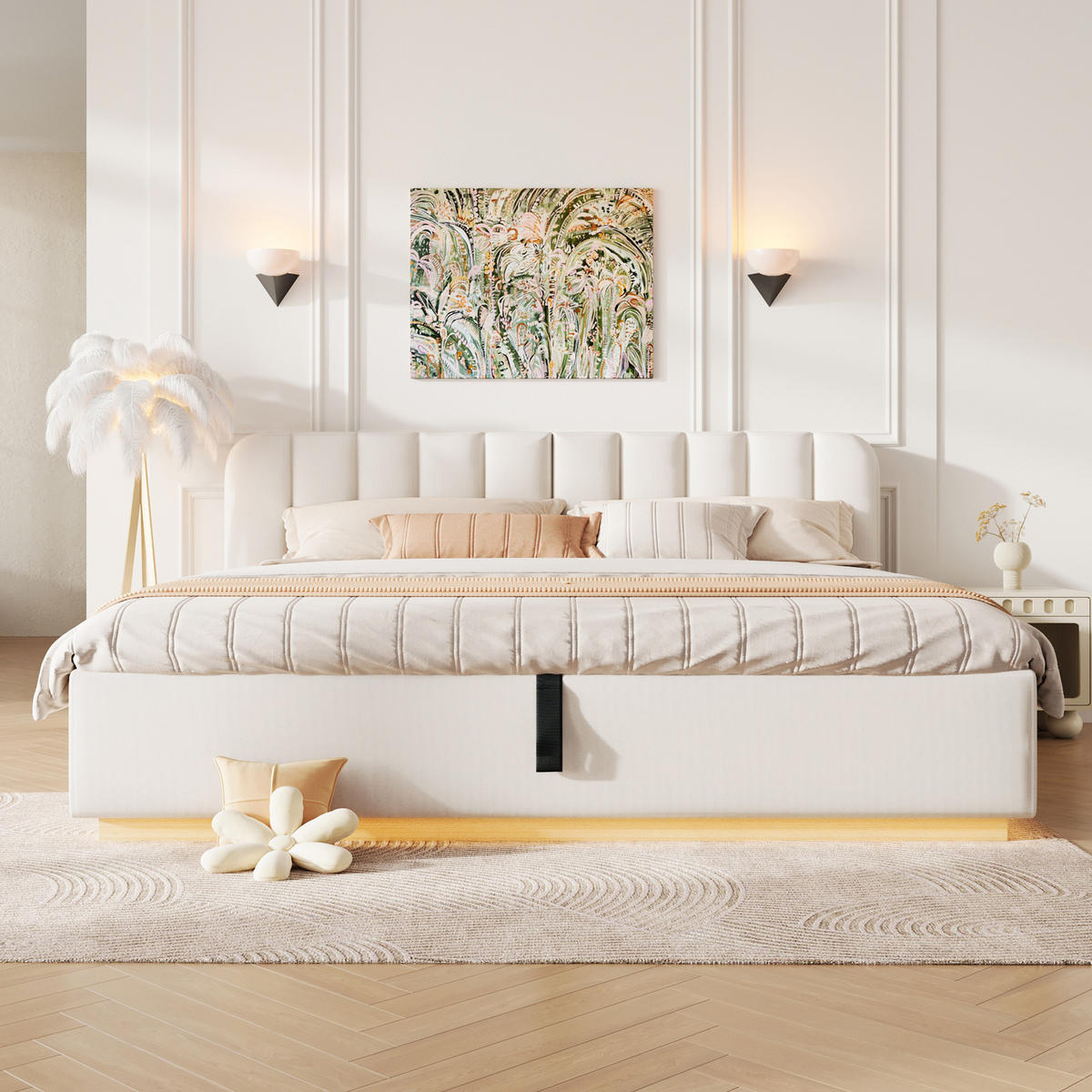 POLSTERBETT 180x200cm Hydraulik LED Chenille Beige - Beige, Holzwerkstoff (180/200cm) - FLIEKS