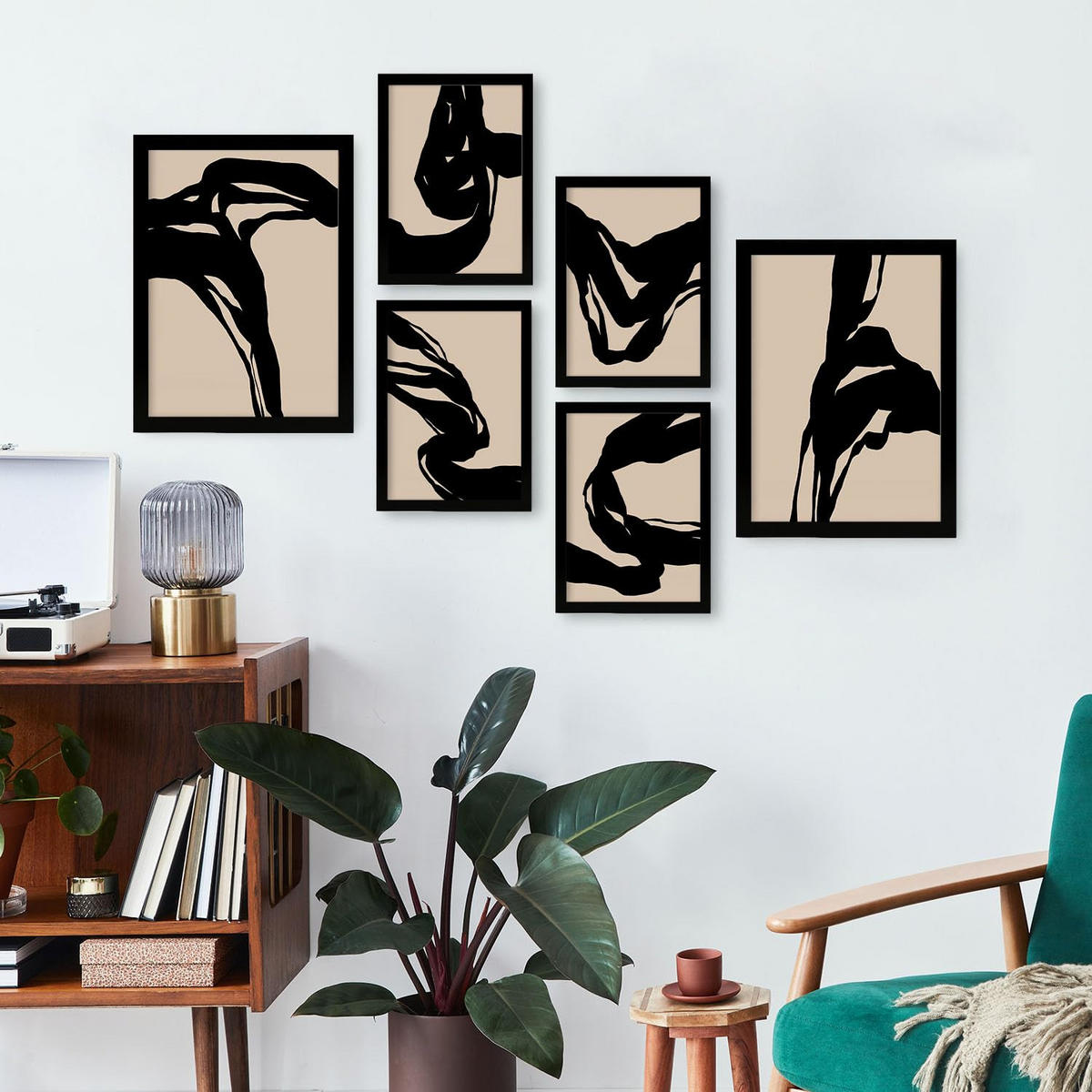POSTER Set Mit 6 Kraftvoll In Abstrakter Form Ästhetische Dekorative Gemälde Für Ihr Wohnzimmer, Schlafzimmer Oder Zuhause A3 & A4 Schwarzer Rahmen - Schwarz, Papier (29/3cm) - Nacnic