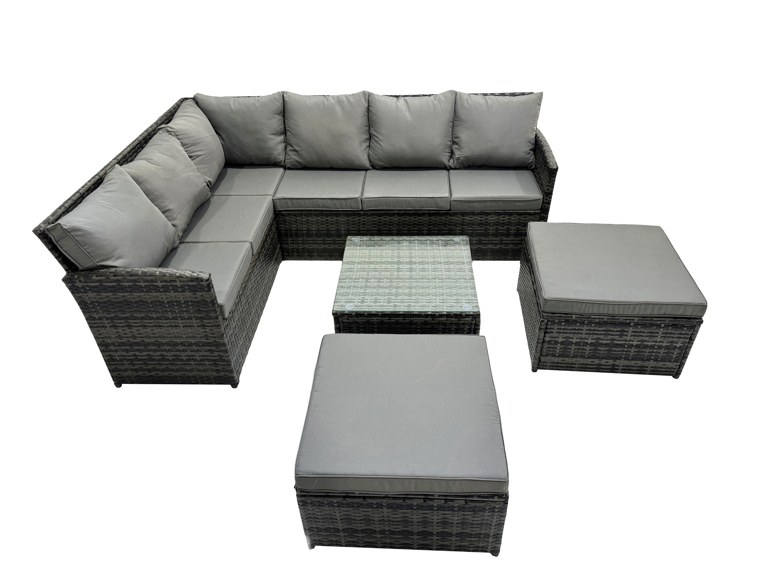 GARTENGARNITUR mit Ecksof,Couchtisch,2 Fußhocker Polyrattan Dunkelgrau 8-Sitzer - Dunkelgrau/Grau, Glas/Kunststoff - Fimous
