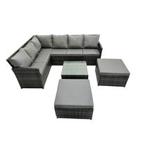 GARTENGARNITUR mit Ecksof,Couchtisch,2 Fußhocker Polyrattan Dunkelgrau 8-Sitzer - Dunkelgrau/Grau, Glas/Kunststoff - Fimous