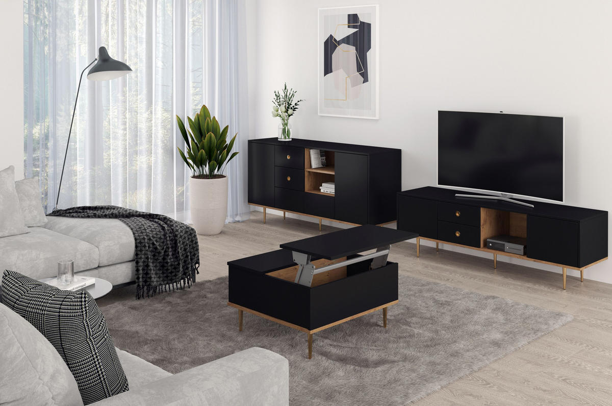 COUCHTISCH Harmoni, Höhenverstellbarer, Schwarz, Goldenen Details - Goldfarben/Schwarz, Holzwerkstoff/Metall (69/75/43cm) - Skandica