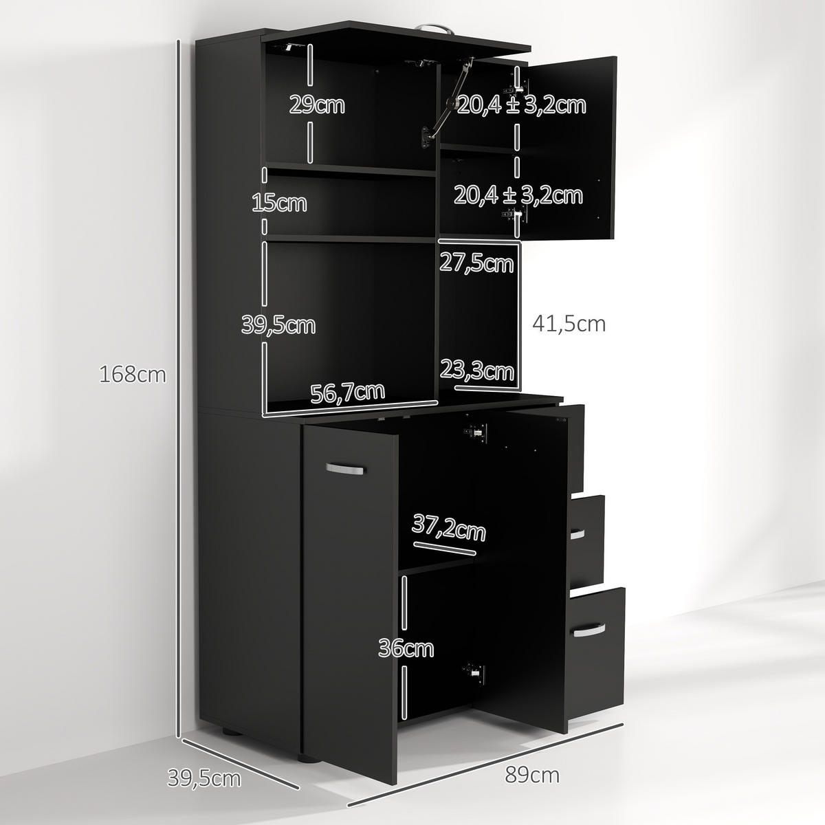 BUFFET DE-11116 4 Türen & 3 Schubladen mit Arbeitsplatte Schwarz - Schwarz, Holzwerkstoff (39.5/168/89cm) - ComfortXL
