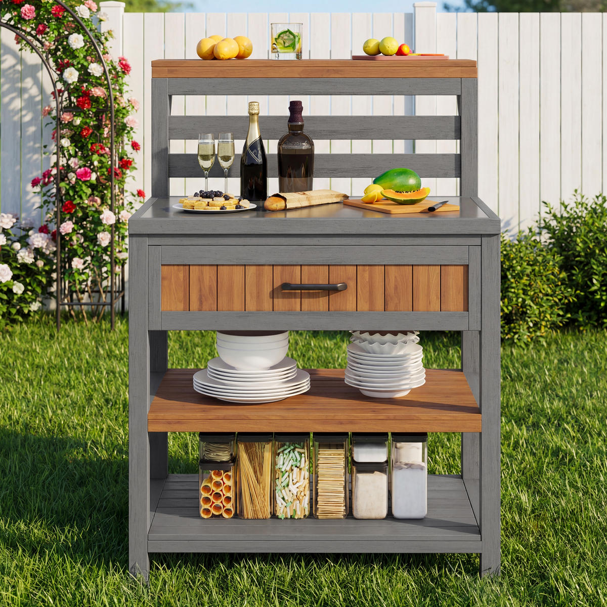 GARTENSCHRANK Holz Edelstahl Arbeitsplatte Outdoor Grillstation - Naturfarben, Holz (72.5/123/80cm) - FLIEKS