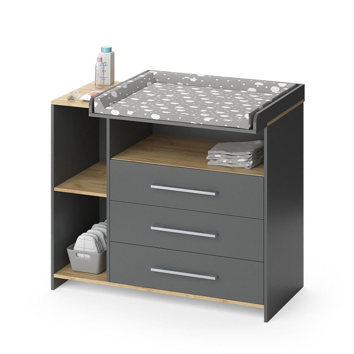 WICKELKOMMODE Oskar Anthrazit/Goldkraft Eiche 113 x 93 cm mit 3 Schubladen - Honigeiche/Anthrazit, Holzwerkstoff (113/93/53.1cm) - Vicco