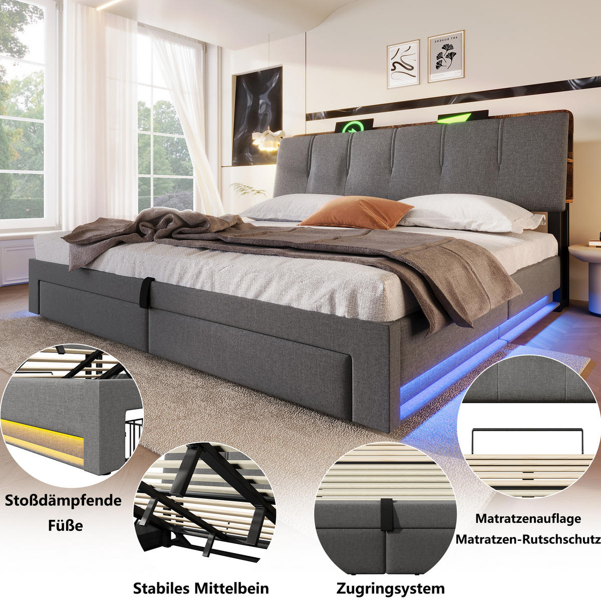 POLSTERBETT 180/200 cm Grau mit USB-Typ-C-Ladeanschluss, LED-Beleuchtung und 2 Schubladen - Grau, Textil (180/200cm) - Oxeza