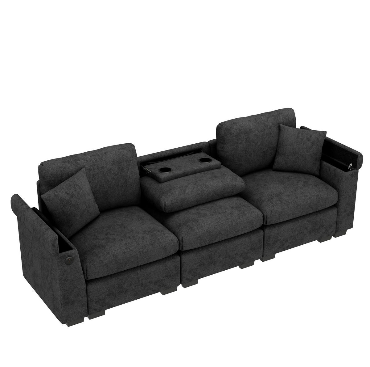 3-SITZER Sofa Chenille mit Klapptisch USB-Anschluss und Stauraum 242/80/88 cm Grau - Grau, Kunststoff/Textil (80/88/242cm) - Redom