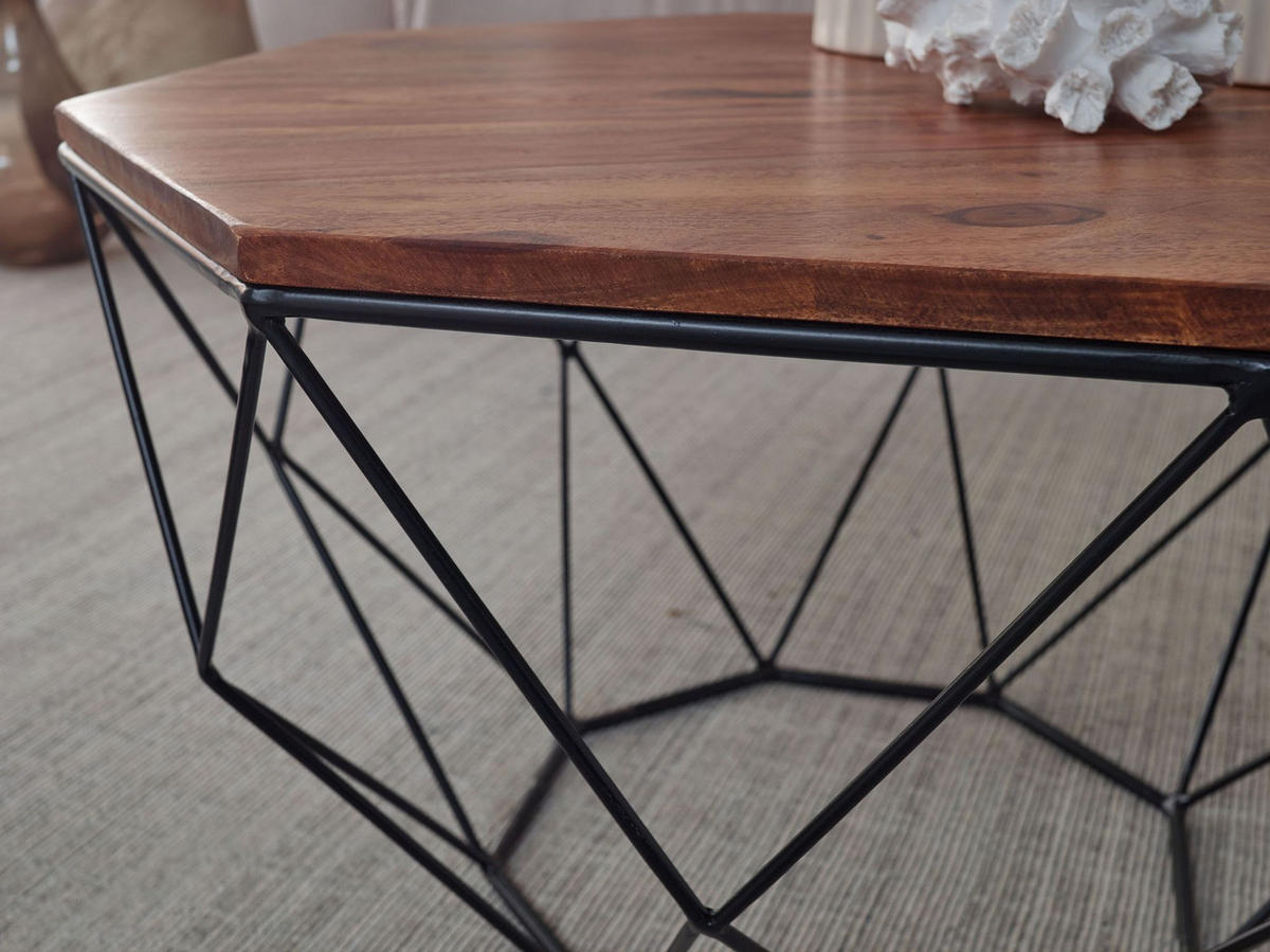 COUCHTISCH Sheesham Holz und Edelstahl im modernen Industrial Design - Schwarz/Braun, Holz/Metall (66/66/40cm) - KADIMA DESIGN