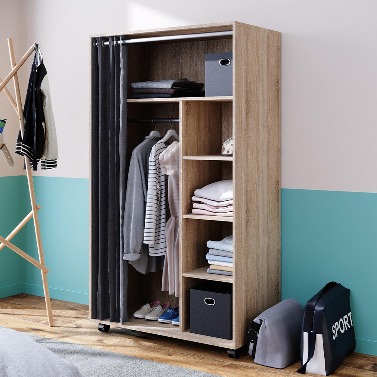 KLEIDERSCHRANK Doros Sonoma 100 x 168 cm offen, mit Rollen - Sonoma Eiche, Holzwerkstoff (100/168/50cm) - Vicco