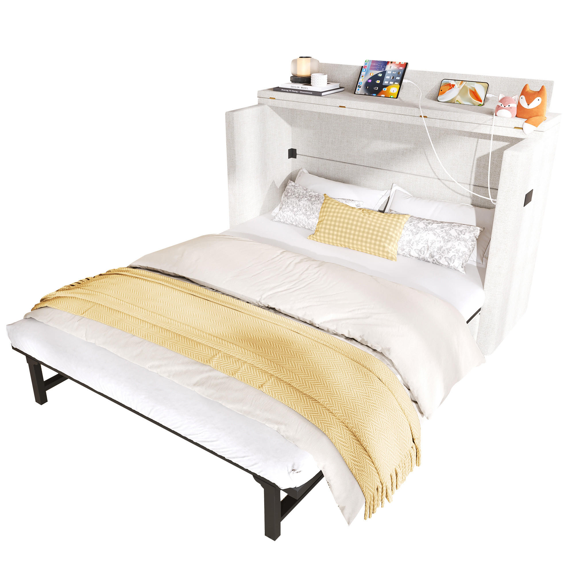 BETT 140/200 cm in Beige mit Schublade und USB- und Type-C-Anschlüssen - Beige, Textil (140/200cm) - Flora Grace