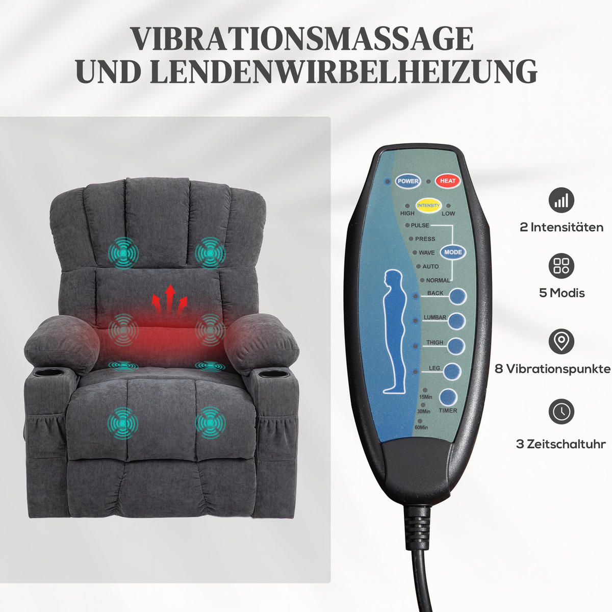FERNSEHSESSEL mit Aufstehhilfe Relaxsessel mit Liege-, Heiz- und Massagefunktion - Dunkelgrau/Schwarz, Textil/Metall (91/110/93cm) - HOMCOM