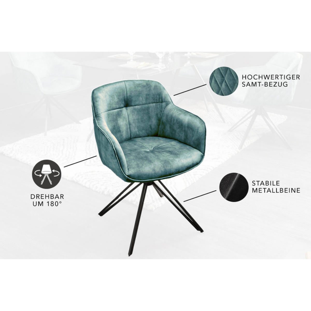 STUHL EUPHORIA Samt Petrol, Schwarz - Blau/Petrol, Textil (58/82/60cm) - riess-ambiente