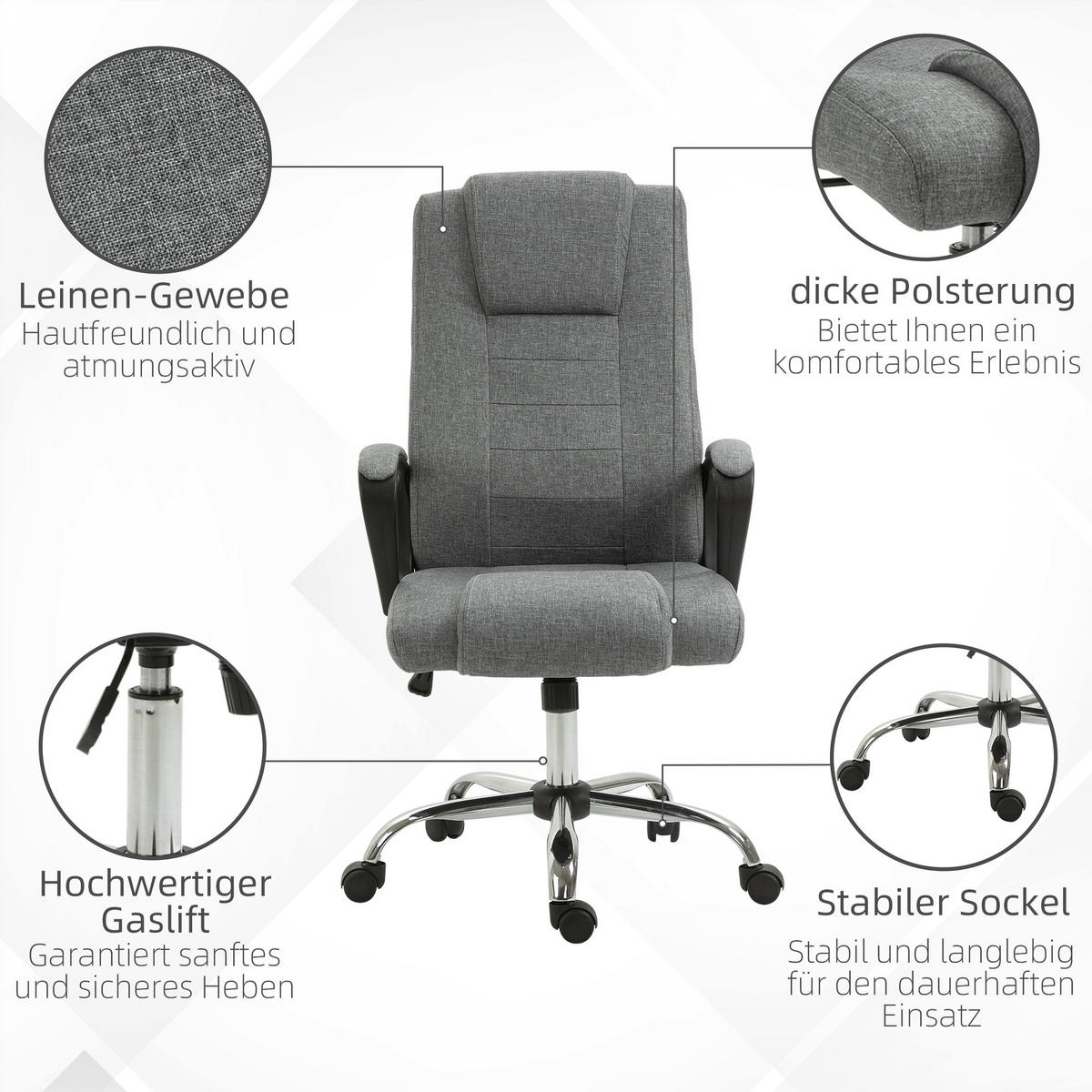 BÜROSTUHL Computerstuhl mit Wippenfunktion höhenverstellbar drehbar Leinen-Touch - Dunkelgrau, Kunststoff (62/119/76cm) - Vinsetto
