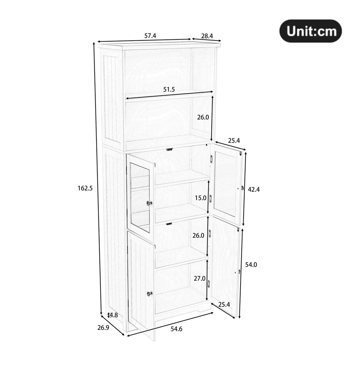 BADEZIMMER-HOCHSCHRANK 57.4x28.5x160cm in Grau, feuchtigkeitsbeständig mit 4 Türen - Grau, Holzwerkstoff (57.4/160/28.5cm) - Modfu