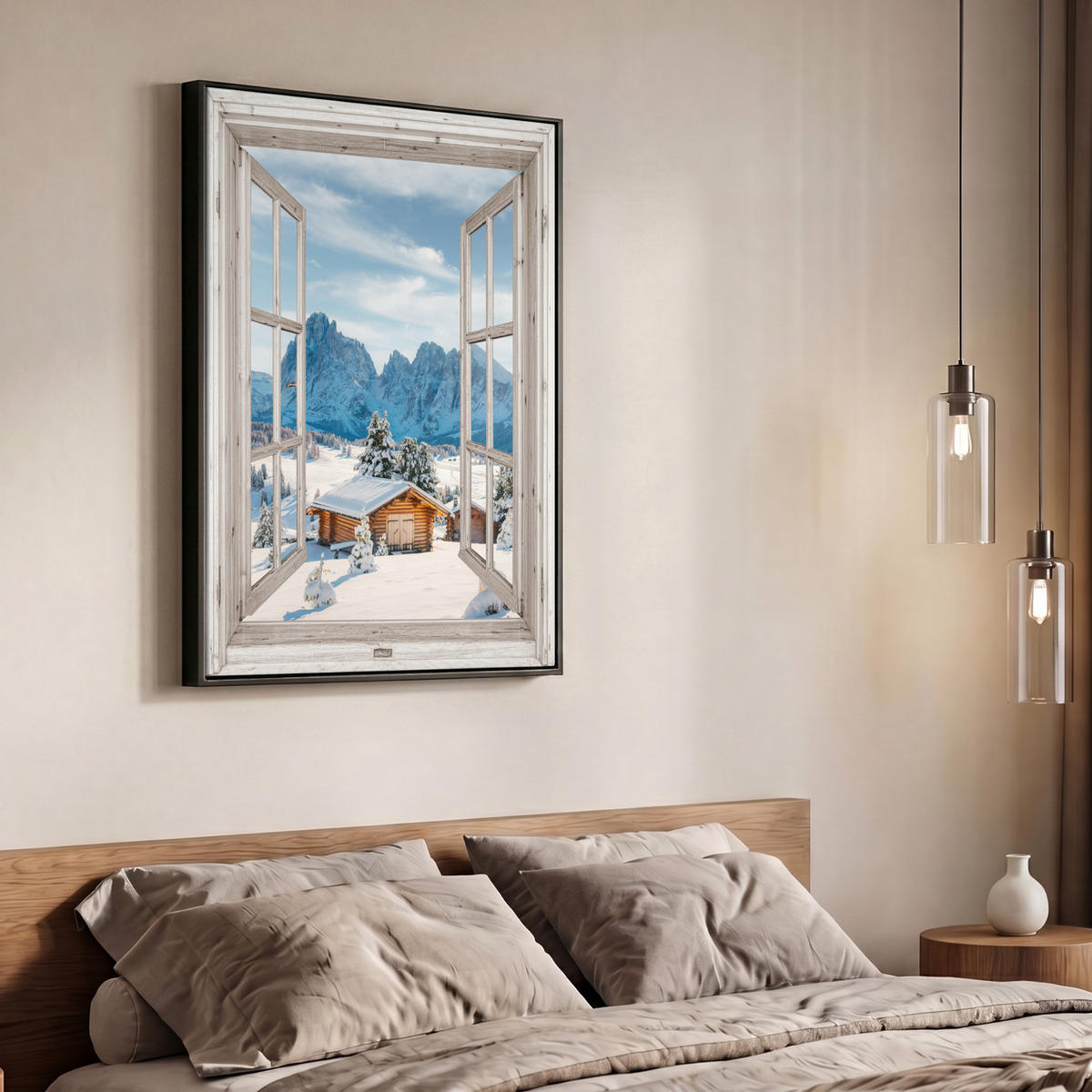 LEINWAND Bilder mit Rahmen - Winterlandschaft - Hütte - Berge - Ausblicke - Aussicht - Natur - 70x100 - Weiß Hochglanz, Textil (70/100cm) - MuchoWow