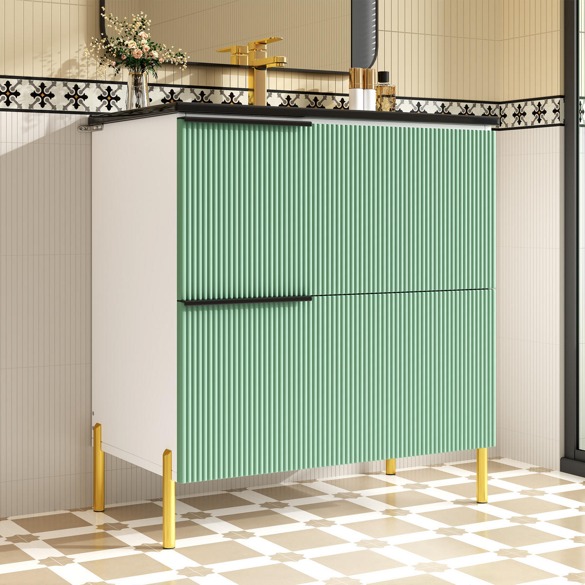 WASCHTISCHKOMBI mit Keramikbecken 81.5x47x90cm in Grün, 2 Schubladen & Metallfüßen - Grün, Holzwerkstoff (81.5/90/47cm) - Modfu