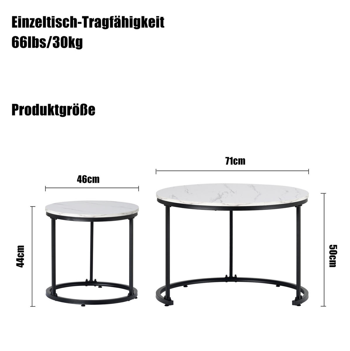 KONFERENČNÍ stolky, sada 2 ks, MDF v dekoru bílého mramoru, kulaté,70.5/70.5/50 cm - bílá, kompozitní dřevo (70.5/70.5/50cm) - BEAOK