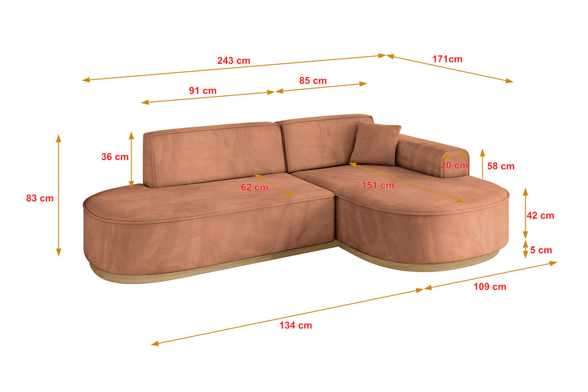 ECKSOFA Ottomane Rechts MARI-L1-v2 - 243x171x83 cm Orange Velours - Orange, Holzwerkstoff/Textil (171/243cm) - ALTDECOR