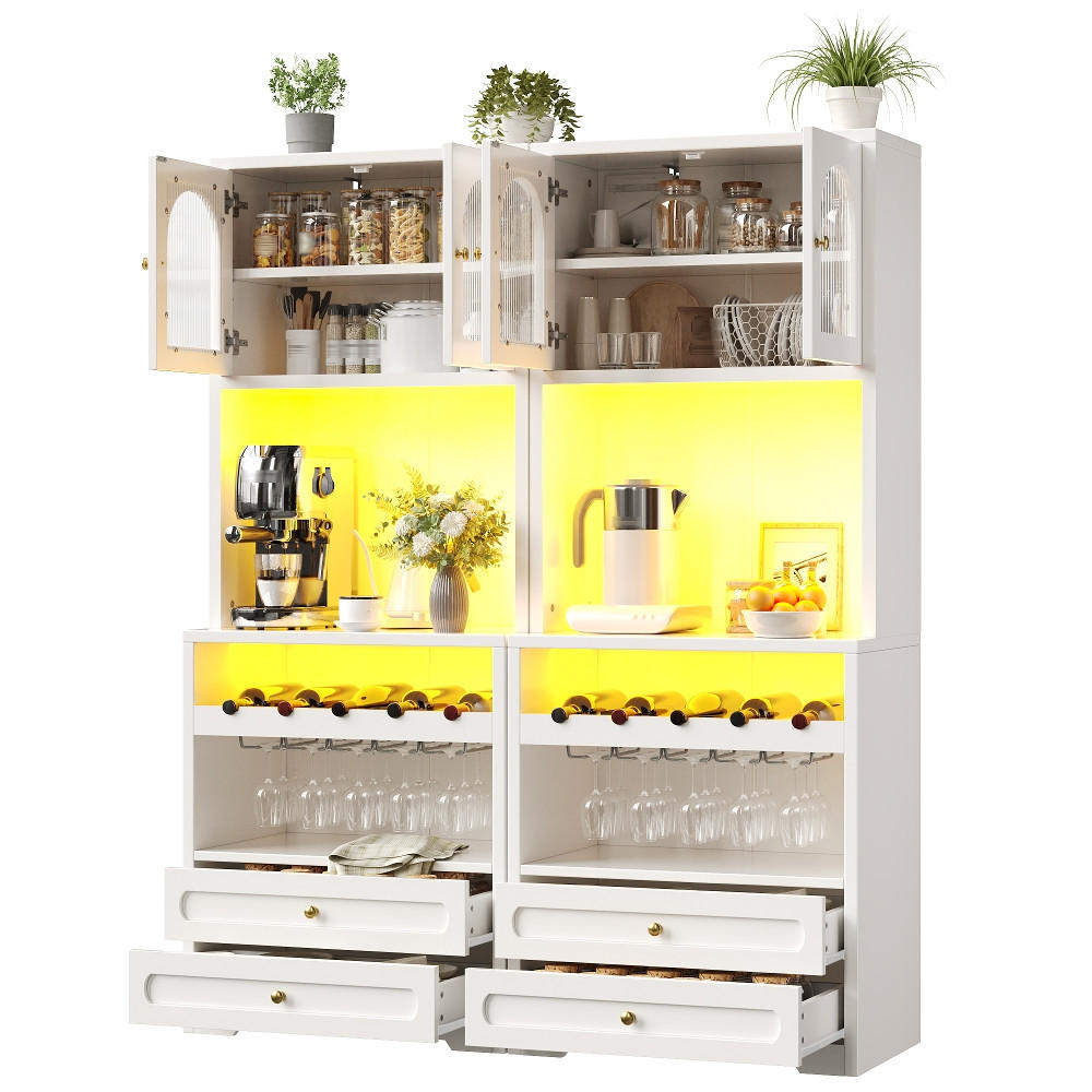 KÜCHENSCHRANK, Vitrinenschrank mit Glastüren, LED-Beleuchtung & Weinregal, MDF/Metall, 140/180/40 cm - Weiß, Kunststoff (40/180/140cm) - Rolipo
