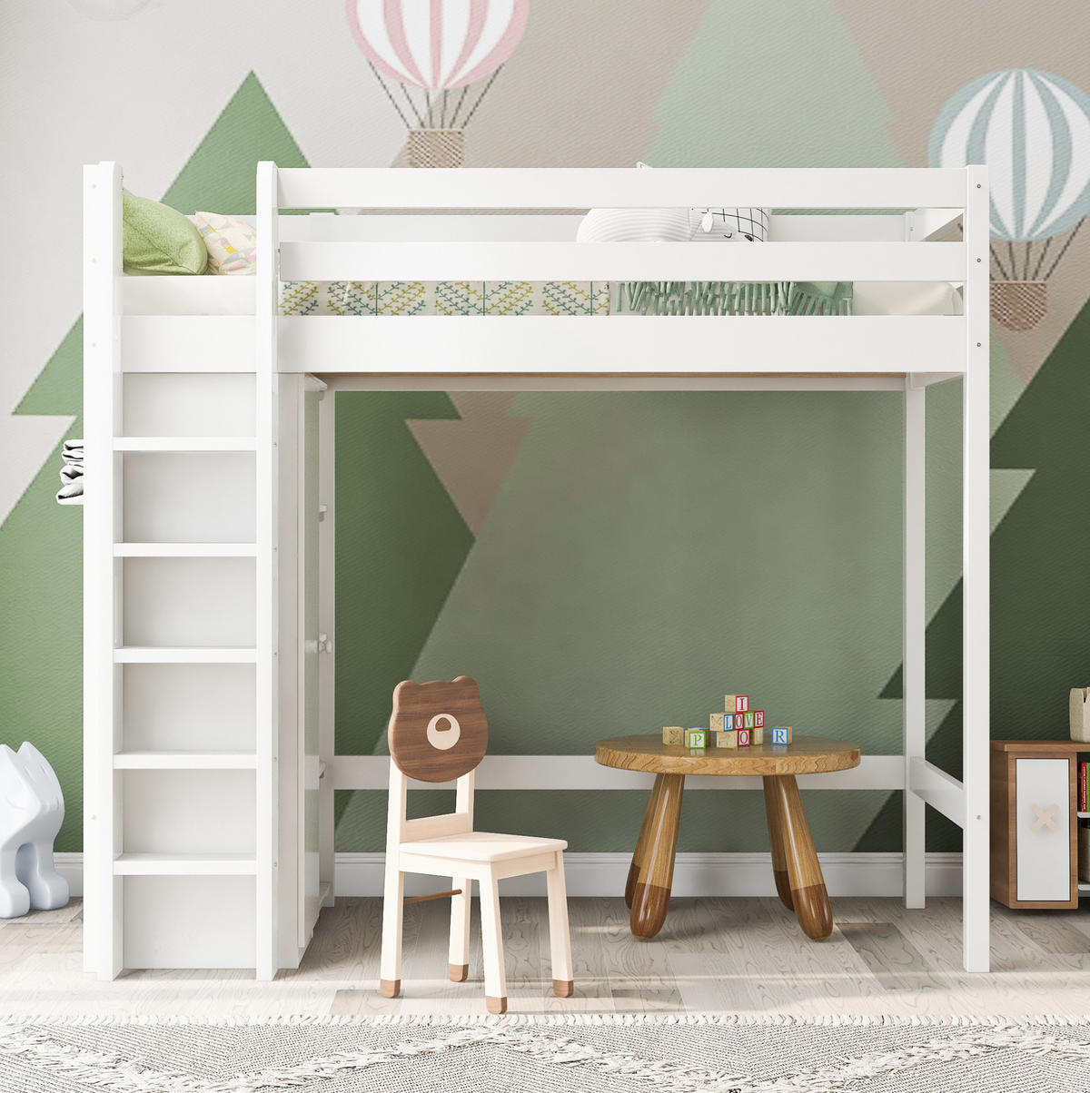HOCHBETT 90/200 cm in Weiß – mit Kleiderschrank, 6 Regalen und Lattenrost - Weiß, Holzwerkstoff (90/200cm) - BEAOK