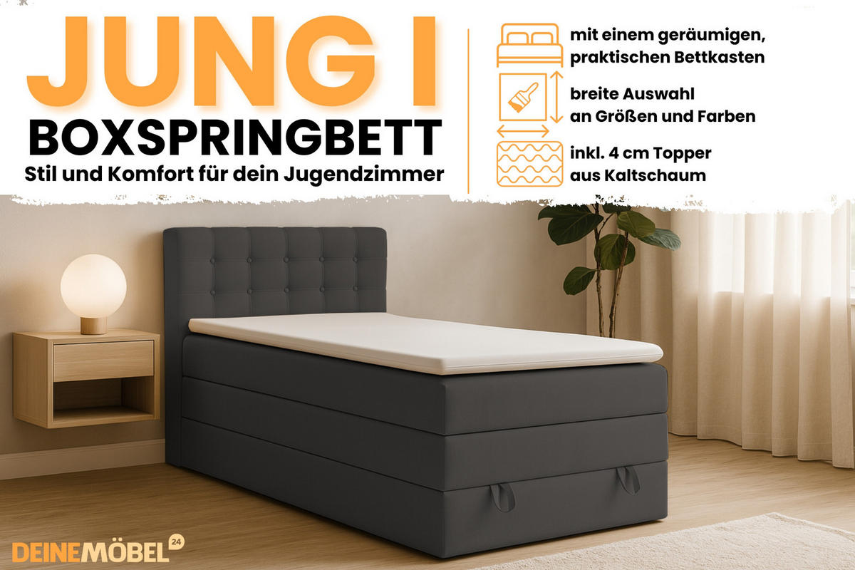 BOXSPRINGBETT JUNG 1 100/200 Velours Anthrazit mit Matratzen H3 + H4 - Anthrazit, Holz/Holzwerkstoff (100/200cm) - Deine Möbel 24