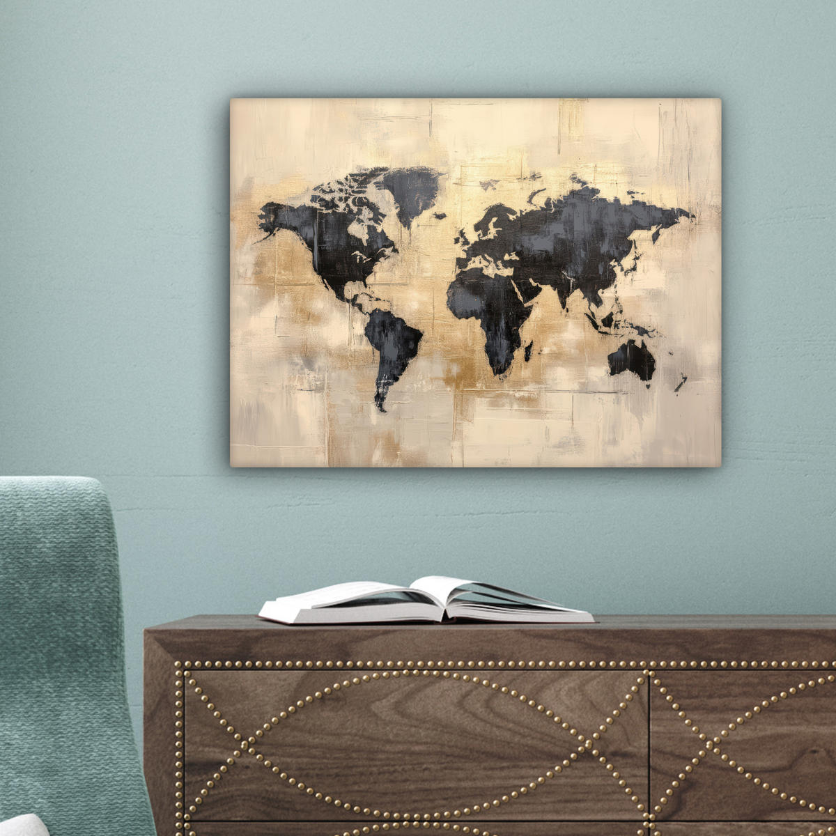 LEINWANDBILD Weltkarte - Gold - Schwarz - Abstrakt 40x30 cm - Kupferfarben, Textil (40/30cm) - MuchoWow