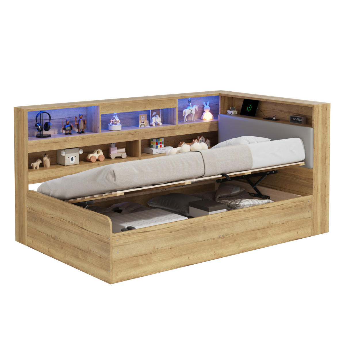 KINDERBETT 90/200 cm aus MDF und PU mit LED-Beleuchtung und USB-Ladestation Naturfarben - Naturfarben, Holzwerkstoff (90/200cm) - Modenvie