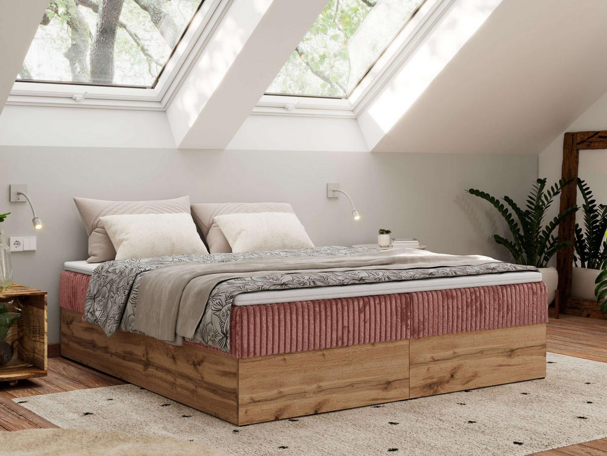 BOXBETT WOOD ZERO 160/200 - Rosa Cord - H3 - Topper Visco - Rosa, Textil (160/200cm) - MKS