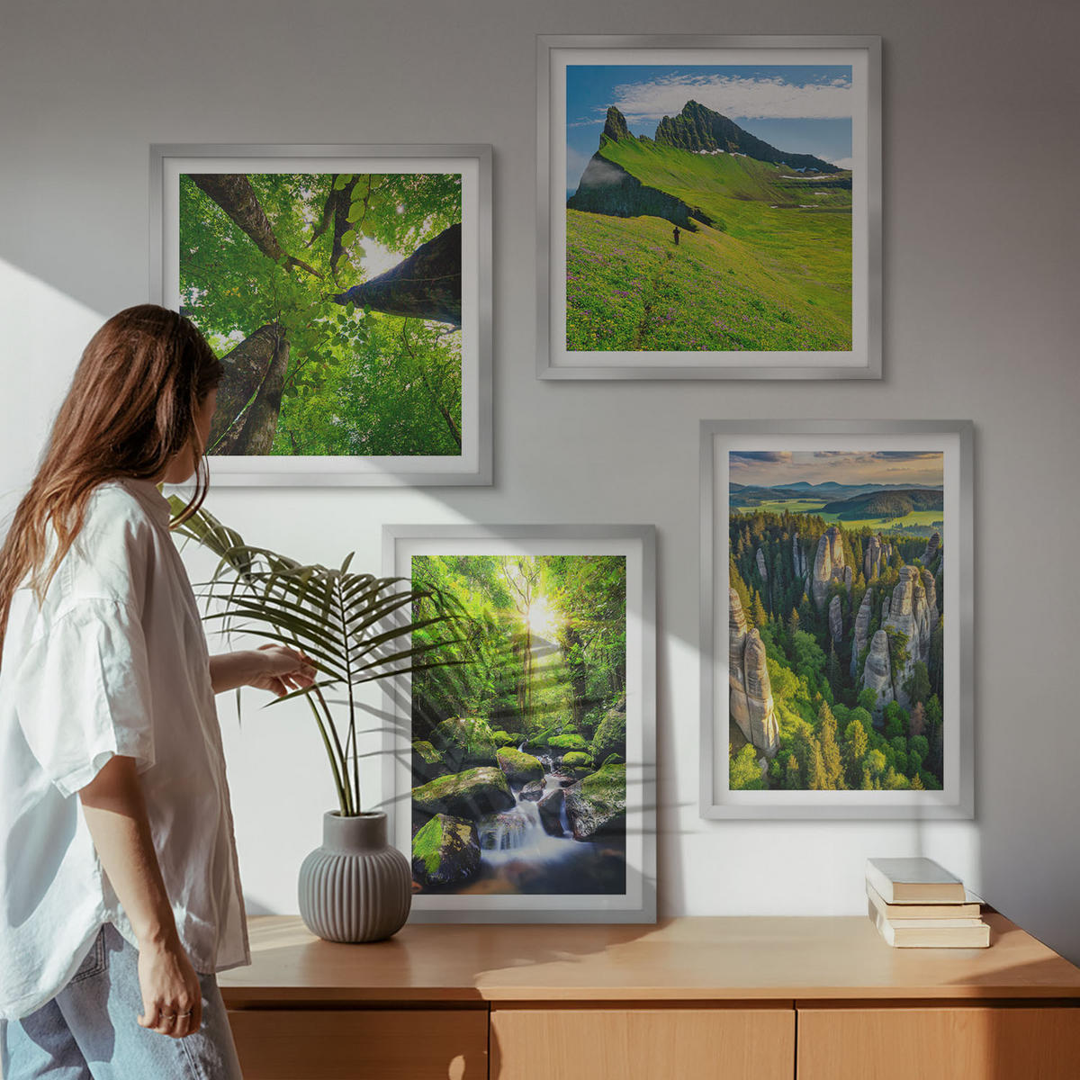 BILDER SET 4er Set - 50x50 cm & 40x60 cm Silberner Rahmen - Grüne Berge Wasserfallwald - Silberfarben, Kunststoff (50/50cm) - TULUP