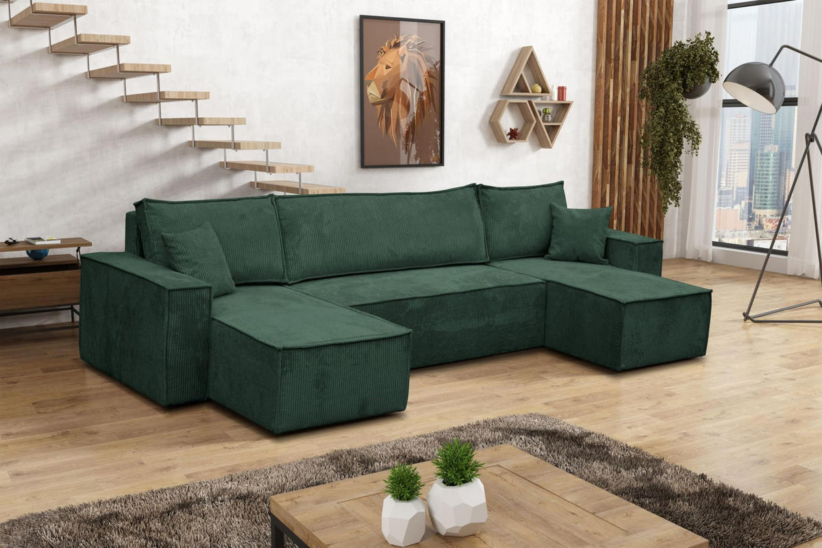 WOHNLANDSCHAFT Hugo U-Form Cordstoff mit Schlaffunktion und Bettkasten - Grün, Textil (312/83/142cm) - VENASI MÖBEL