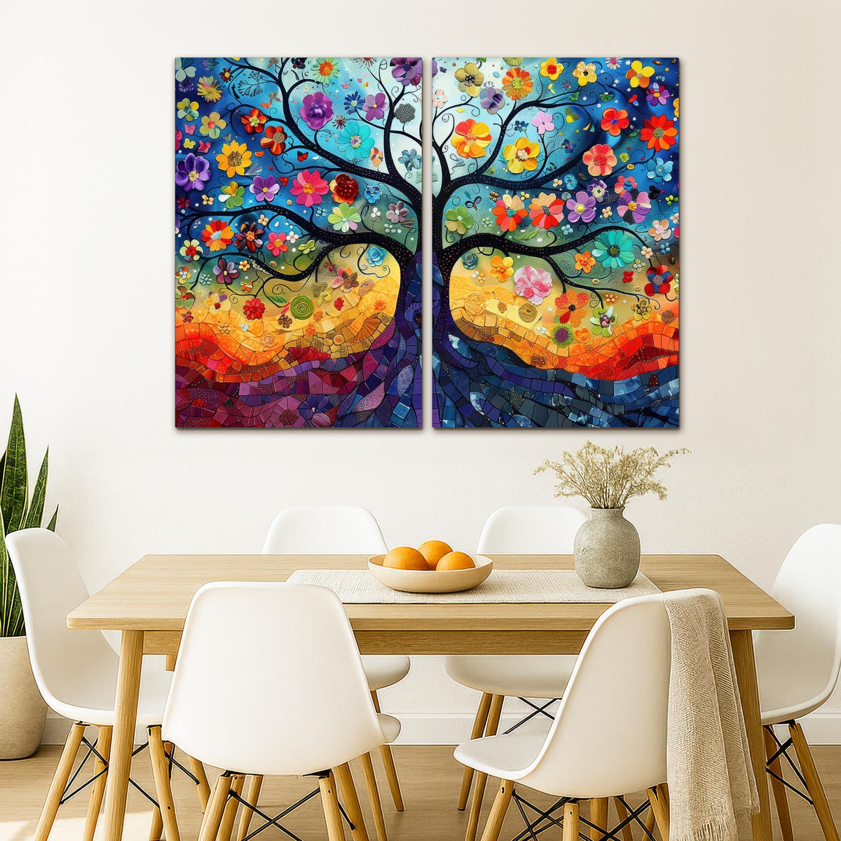 LEINWANDBILD 2er Set Bunt - Baum des Lebens - Blumen - Abstrakt 120x90 cm - Blau, Textil (120/90cm) - MuchoWow