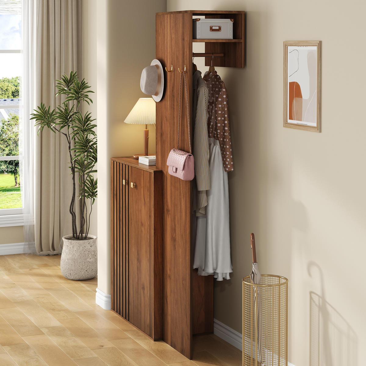 GARDEROBENSET mit Haken Schuhschrank Stauraum - Nussbaumfarben, Holz (115/191.5/38.5cm) - LEBENLANG