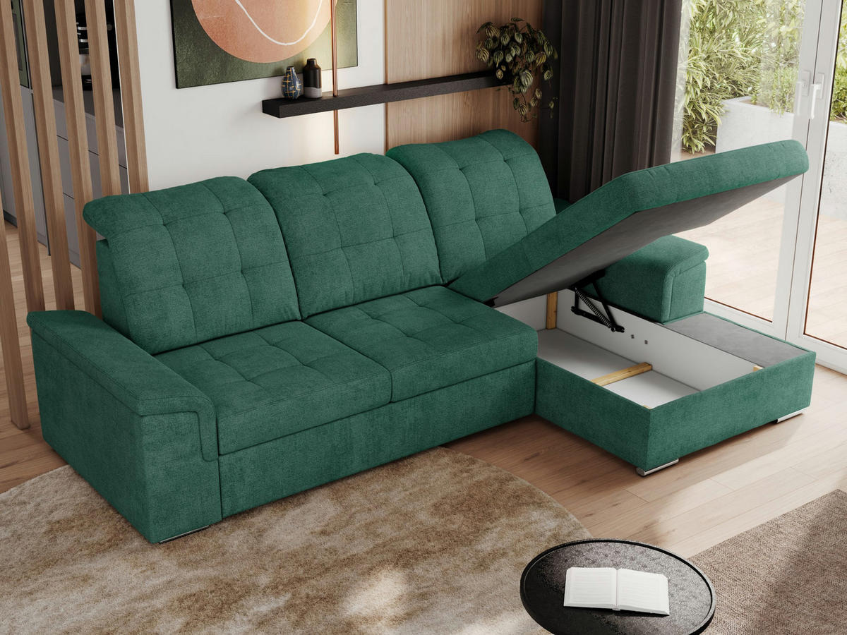 ECKSOFA MADRITO L - Grün Struktur - Rechts - Silberfarben/Grün, Textil/Metall (256/160cm)