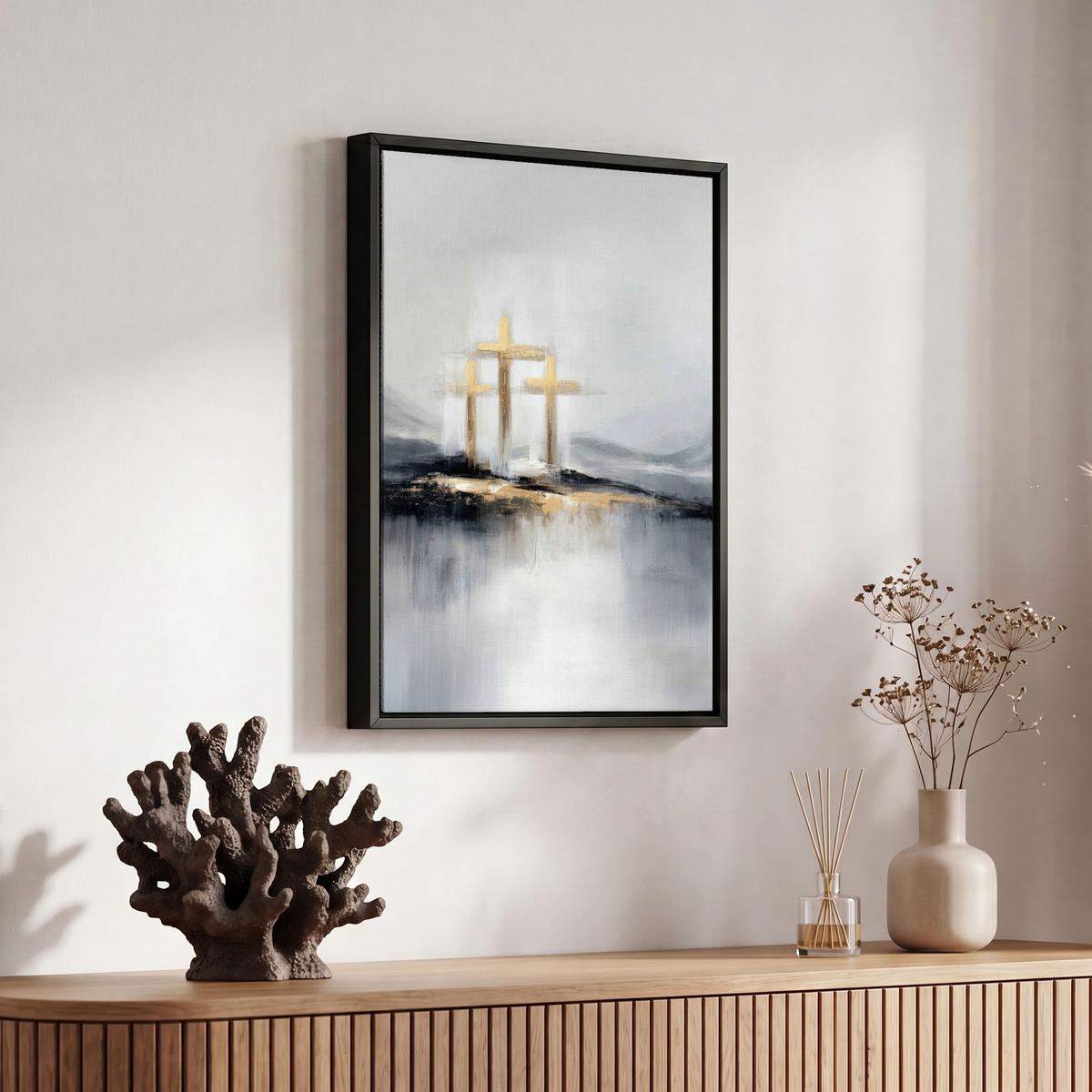 LEINWAND Bilder mit Rahmen - Abstrakt - Malerei - Christentum - Kreuz - 20x30 - Weiß, Textil (20/30cm) - MuchoWow