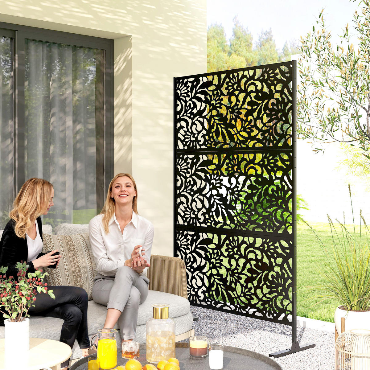 SICHTSCHUTZWAND,3-TEILIG Stahl Blumenmuster 122x45x198cm,schwarz - Schwarz, Metall (122/198cm) - Vallsero