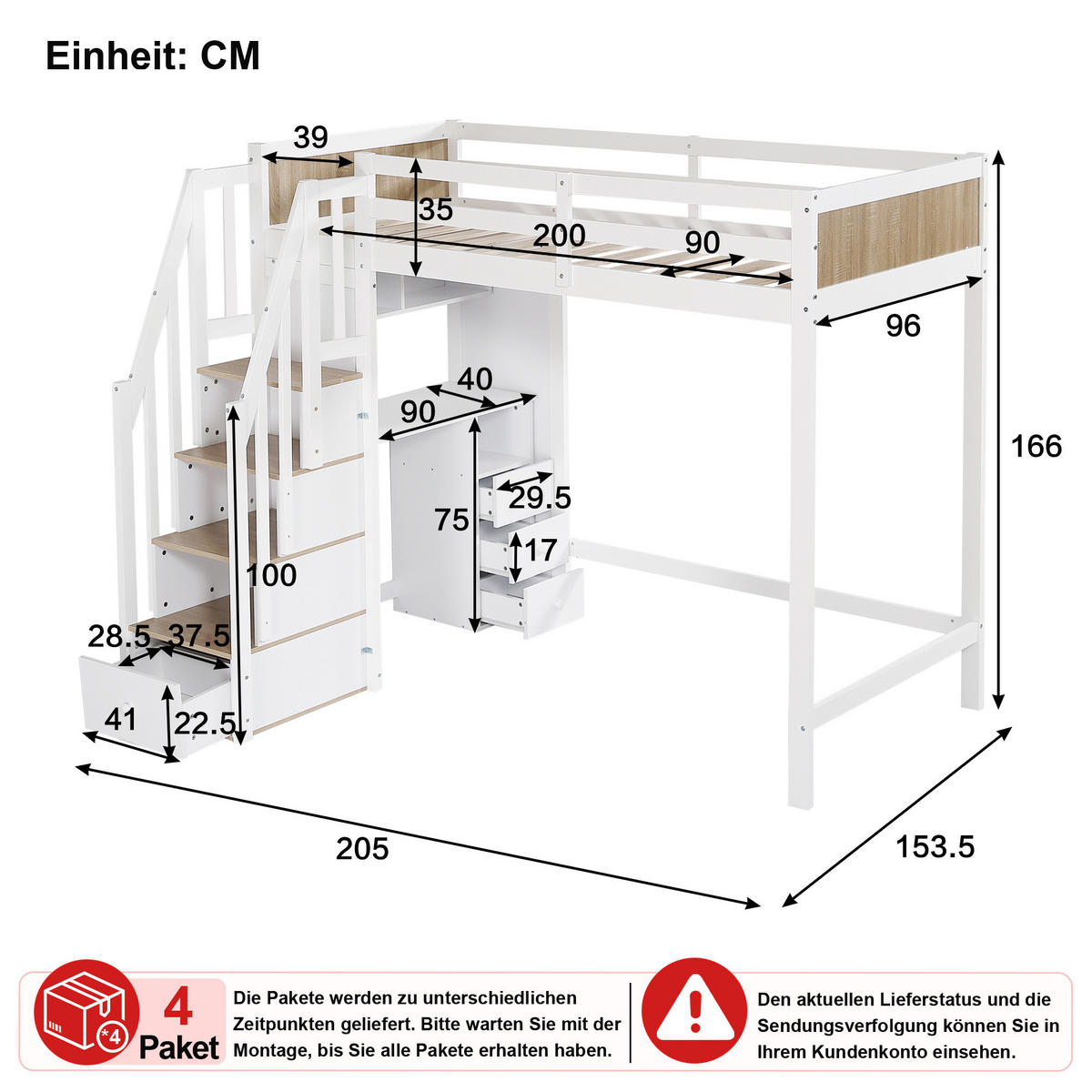 ETAGENBETT 90/200 cm in Weiß & Natur mit Schreibtisch, 3 Schubladen und Regal - Weiß/Naturfarben, Holz/Holzwerkstoff (90/200cm) - CHICFURN