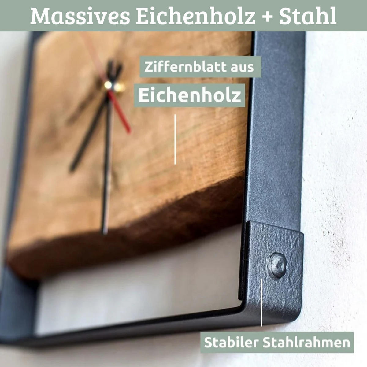 WANDUHR groß Holz EFFO HANDGEFERTIGT 37x37 cm Eiche Geräuschlos mit Nuten - Braun, Holz (37.2/37/4cm) - DELUKE