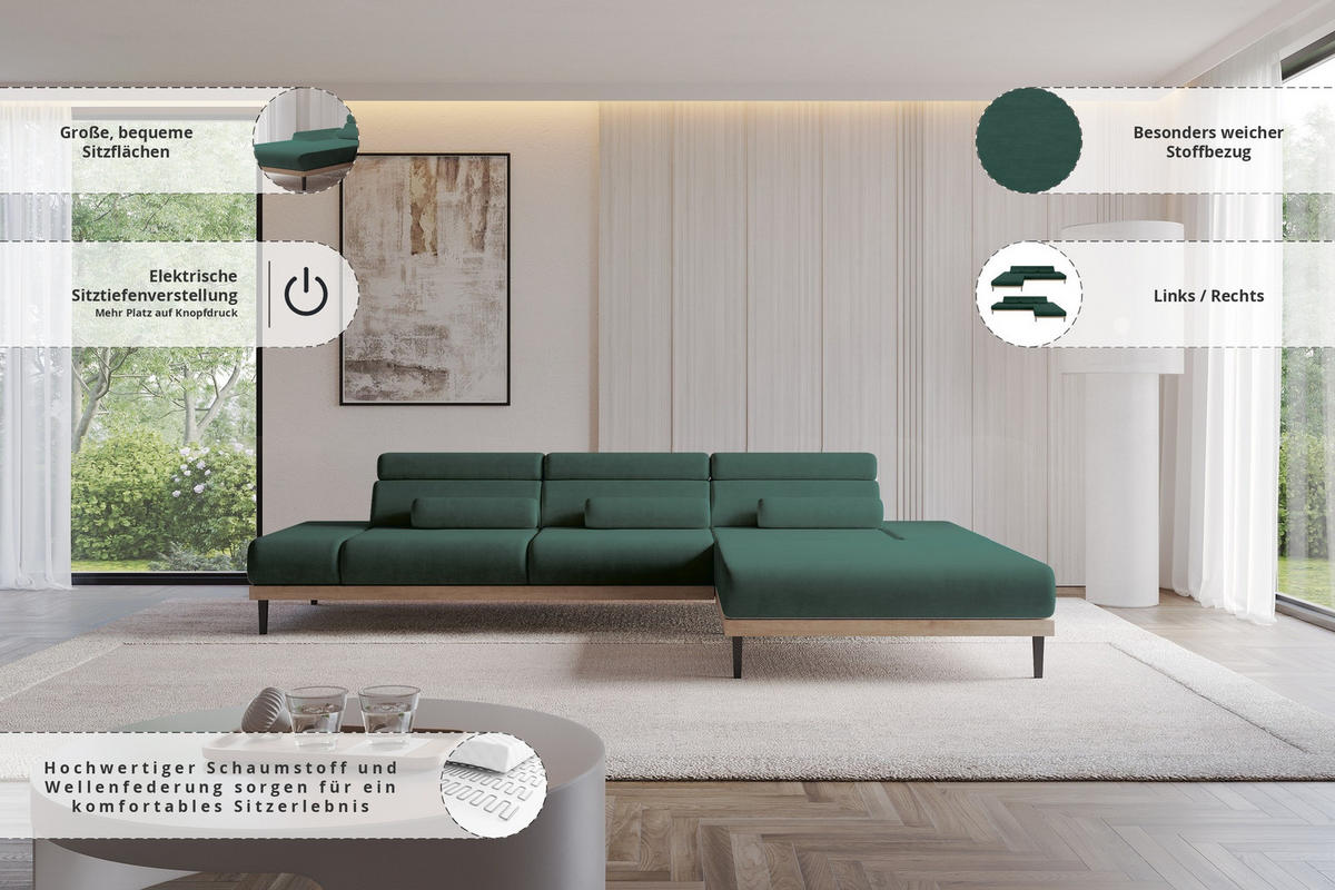 ELEKTRISCHES ECKSOFA Rechts MONA 316x205x85 Grün Velours - Dunkelgrün/Grün, Holzwerkstoff/Textil (316/205cm) - ALTDECOR