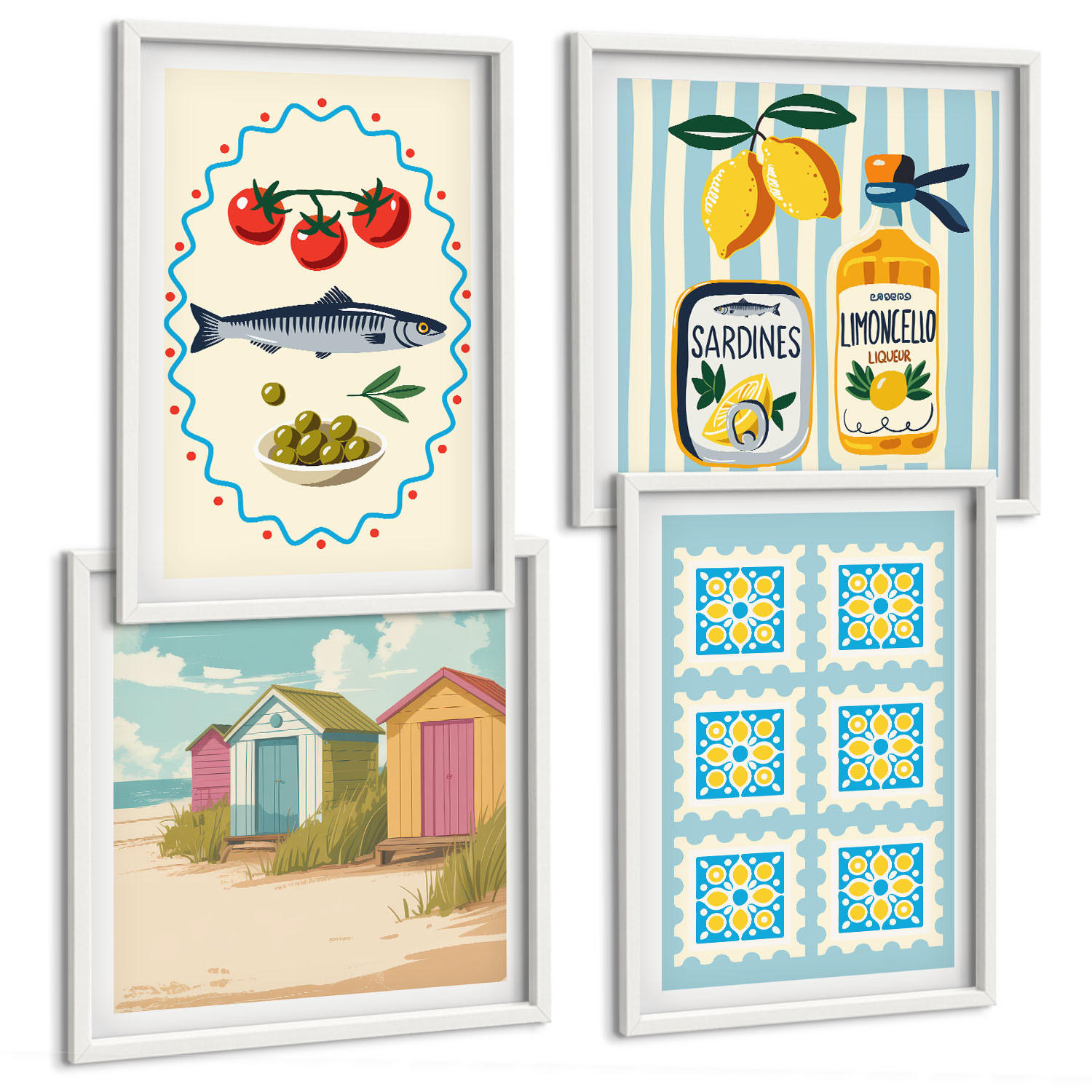 BILDER SET 4er Set - 50x50 cm & 40x60 cm Weißer Rahmen - Illustrationen der mediterranen Küche - Weiß, Kunststoff (50/50cm) - TULUP