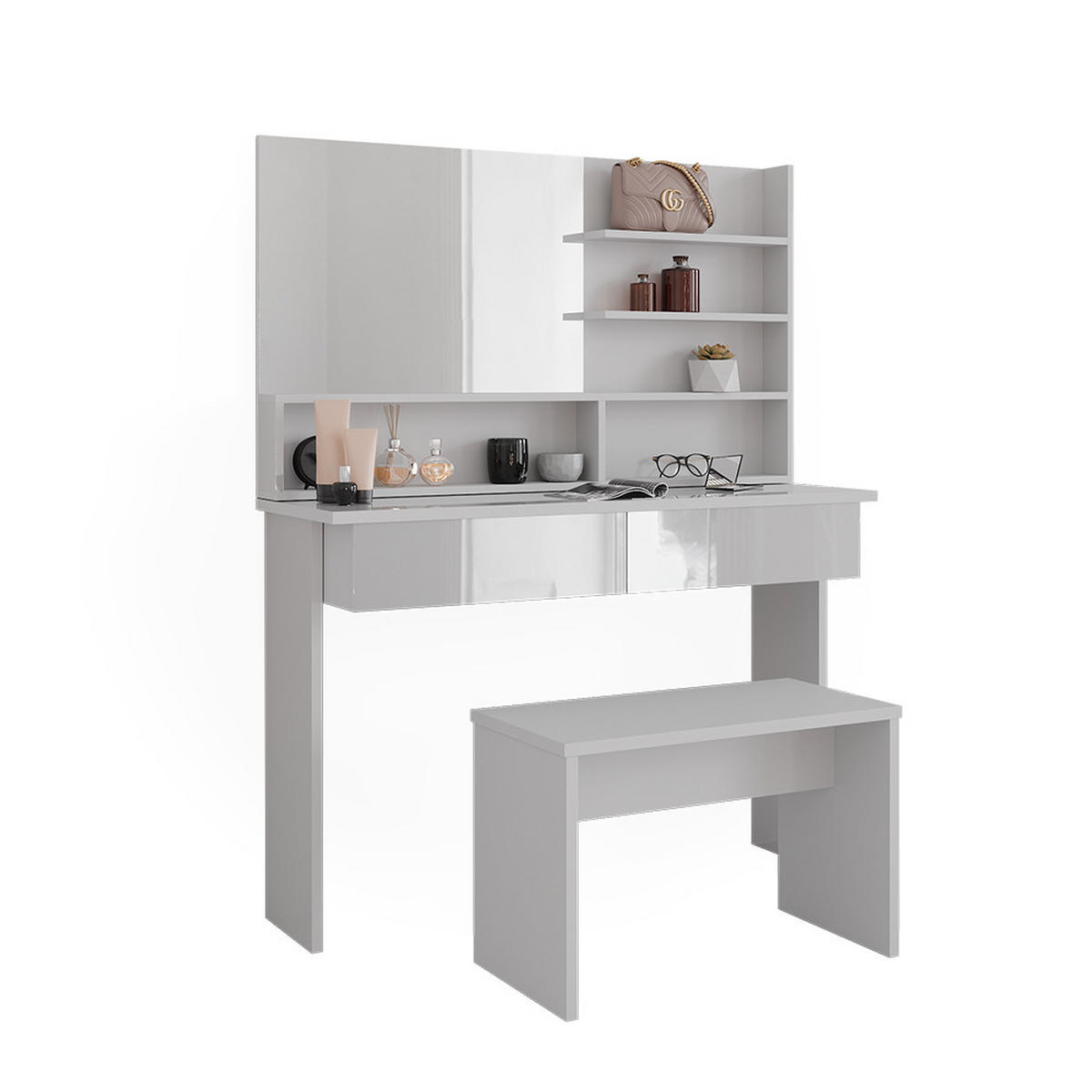 SCHMINKTISCH Azur Weiß 120 cm mit Bank - Weiß Hochglanz/Weiß, Holzwerkstoff (120/83.5/40cm) - Vicco