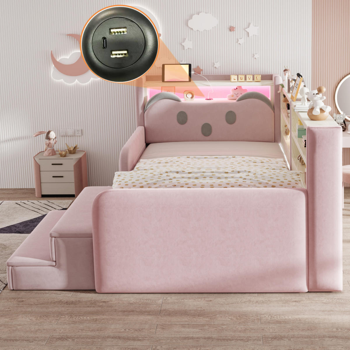 POLSTERBETT 90*200 cm mit LED, USB und Schublade, Rosa - Pink, Textil (90/200cm) - FLIEKS