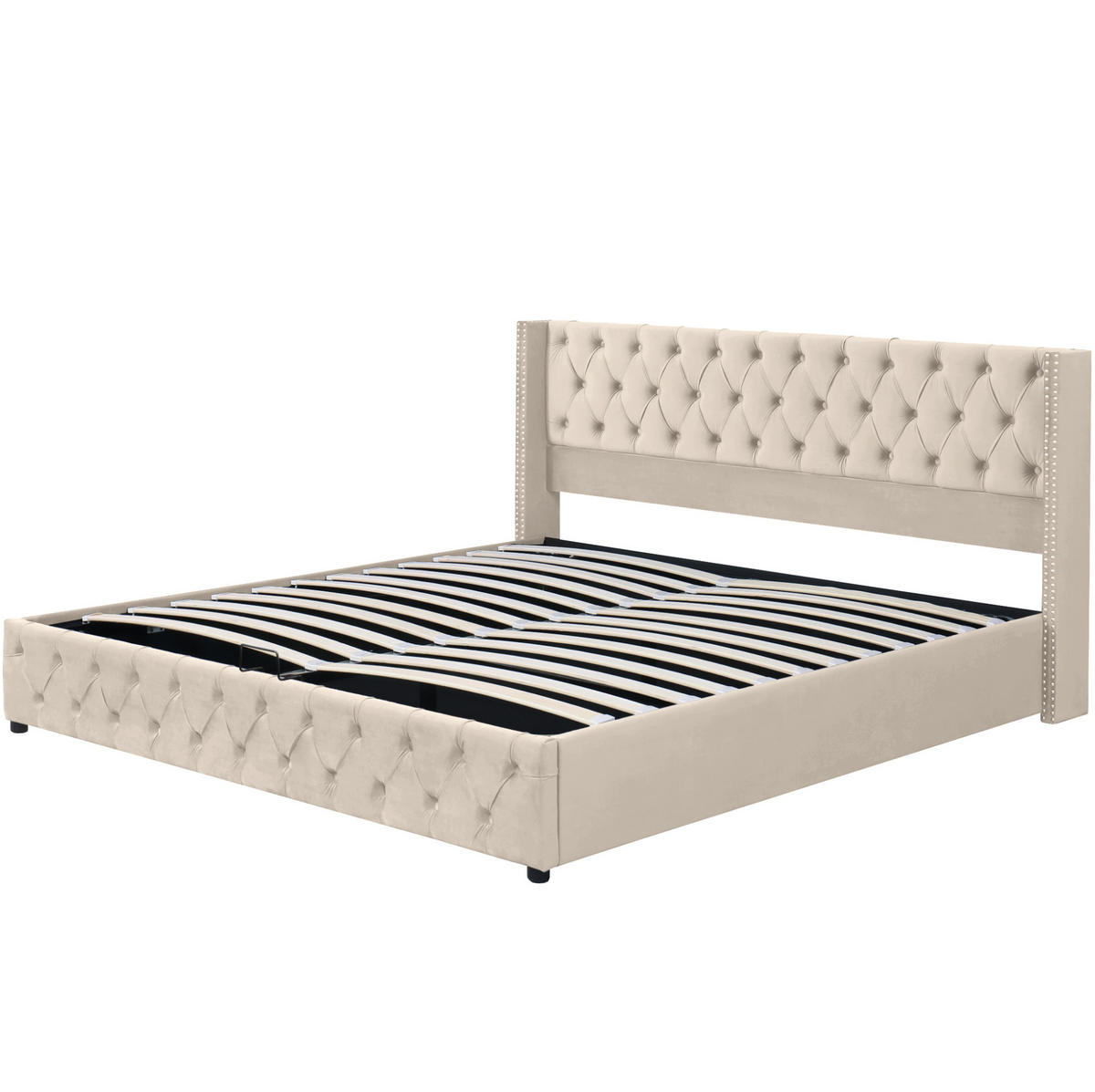 POLSTERBETT 180/200 cm Beige mit hydraulischem Bettkasten und Chesterfield-Design - Beige, Textil (180/200cm) - OKWISH
