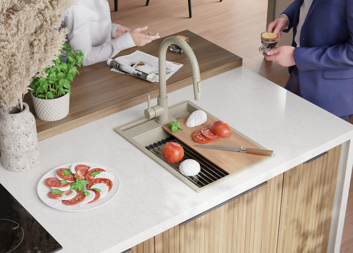 SPÜLBECKEN Oslo Pocket, 2-er set Beige 38/53 cm 1 Becken + Ablauf-Set + Küchenzubehörset ab 40er Unterschrank - Chromfarben/Beige, Kunststoff (38/20/53cm) - Primagran