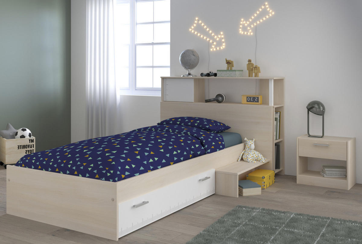 KINDERZIMMER Set 3-tlg. mit Regal Nachttisch und Bett 90 x 200 - Silberfarben/Weiß, Holz/Holzwerkstoff (203/93/123cm) - Parisot Meuble