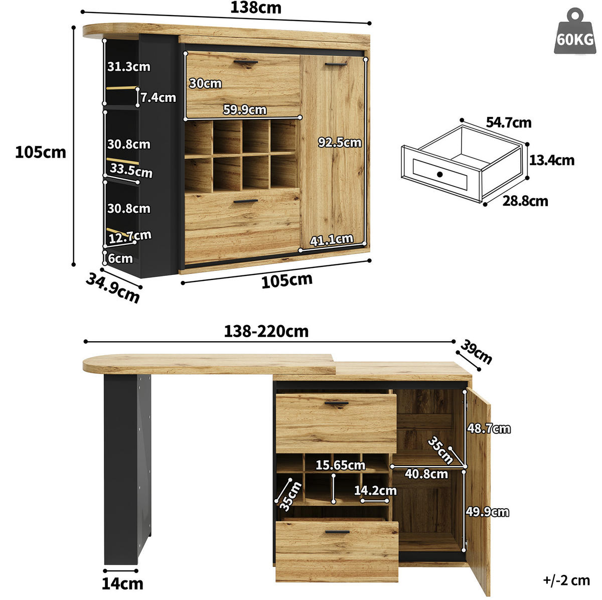 ESSTISCH 138/39/105 cm Holzfarben ausziehbar bis 220 cm mit Stauraum aus MDF Metall - Naturfarben, Holzwerkstoff (138/39/105cm) - OKWISH
