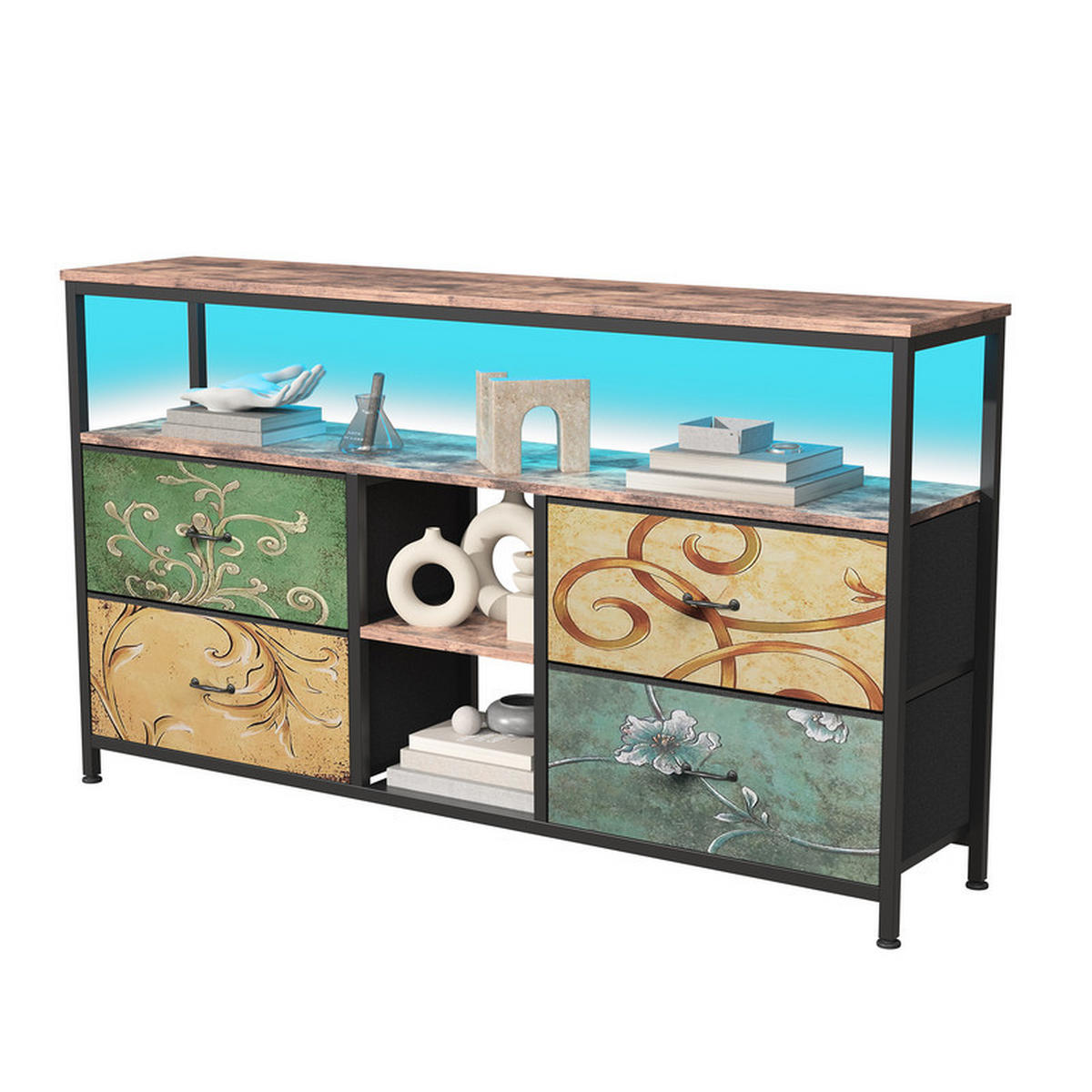 LOWBOARD, 108 x 30 x 76.8 cm, mit 4 Stoffschubladen und LED-Lichtern, Metallrahmen Vintage für Wohnzimmer - Blaugrau, Metall (29.8/76.8/108cm) - WoodenAura