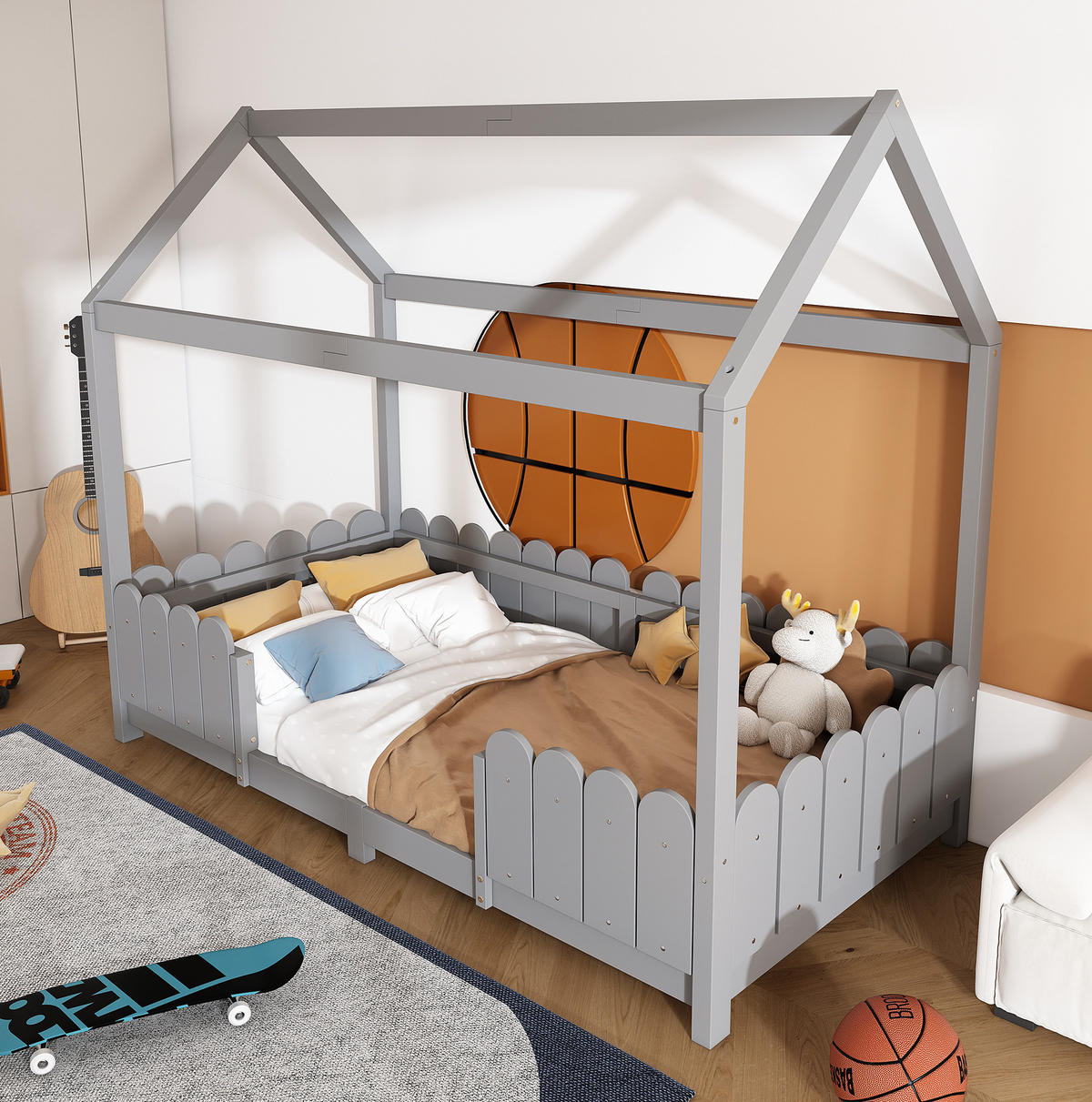 HAUSBETT 90/200 cm in Grau – mit Dach, Rausfallschutz und Lattenrost - Grau, Holz (90/200cm) - BEAOK