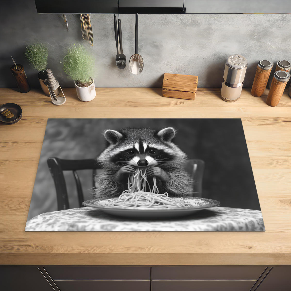 HERDABDECKPLATTE Waschbär - Niedlich - Pasta - Tischtuch - Schwarz - Weiß Induktionsmatte 77x51 cm - Grau, Kunststoff (77/51/0.2cm) - MuchoWow