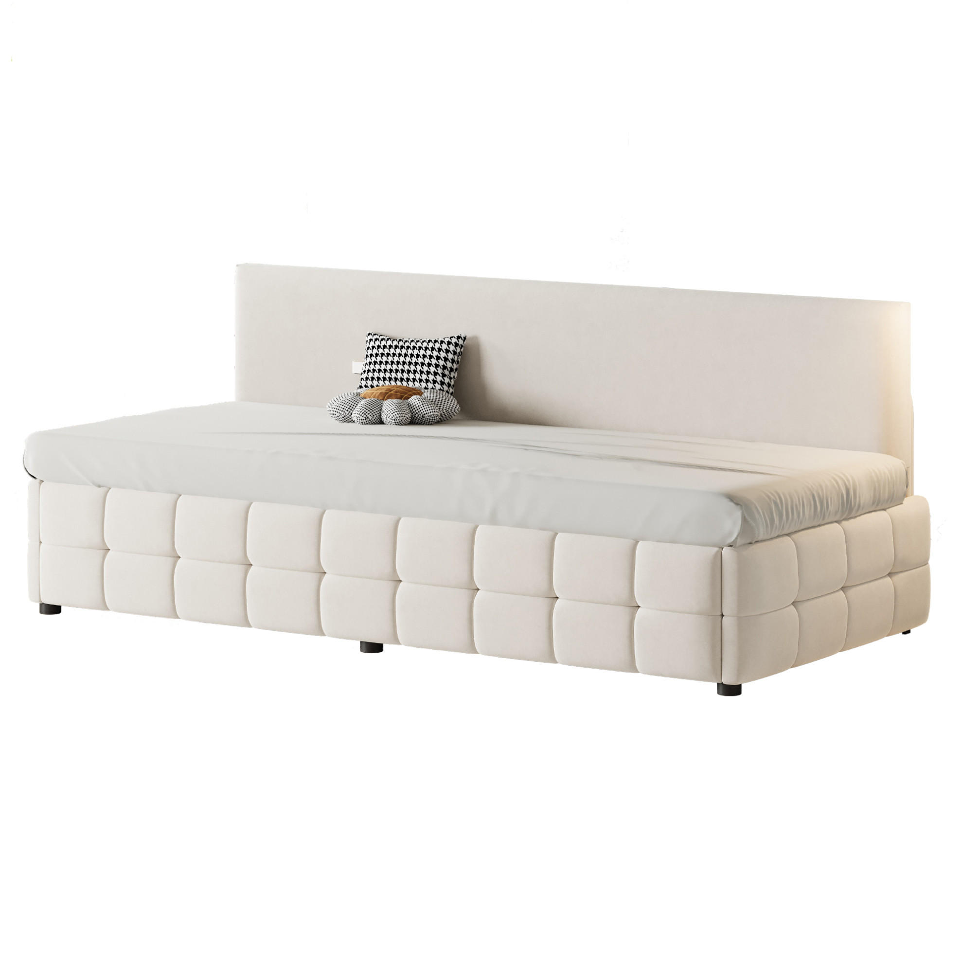 OKWISH ČALOUNĚNÁ postel 90/200 cm béžová z sametu s úložným prostorem a opěrkou zad