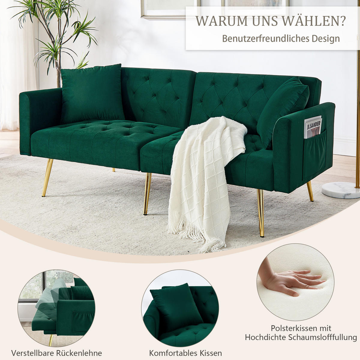 SCHLAFSOFA 177/78/74 cm in Green Samt mit Aufbewahrungstasche - Grün, Textil (78/74/177cm) - Oxeza