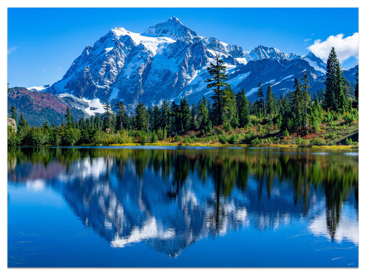 FOTOTAPETE See Berge Wald Landschaft 3D 400x280 - Blau/Beige, Papier (400/280cm) - Muralo